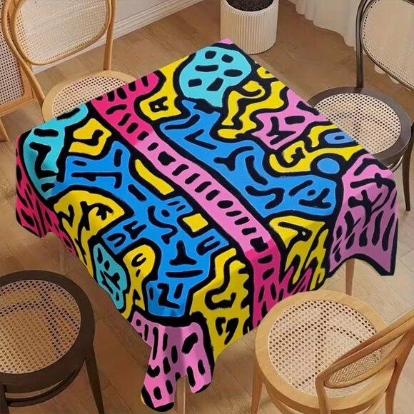 Keith Haring Inspired Design Tablecloth 60" Square. - Picture 1 of 6